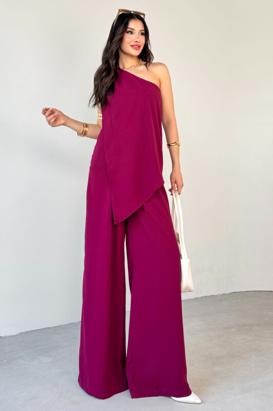 TKM-13291 Mürdüm Tek Omuz Dökümlü Bluz Lastikli Bol Paça Pantolon İkili Takım - 1