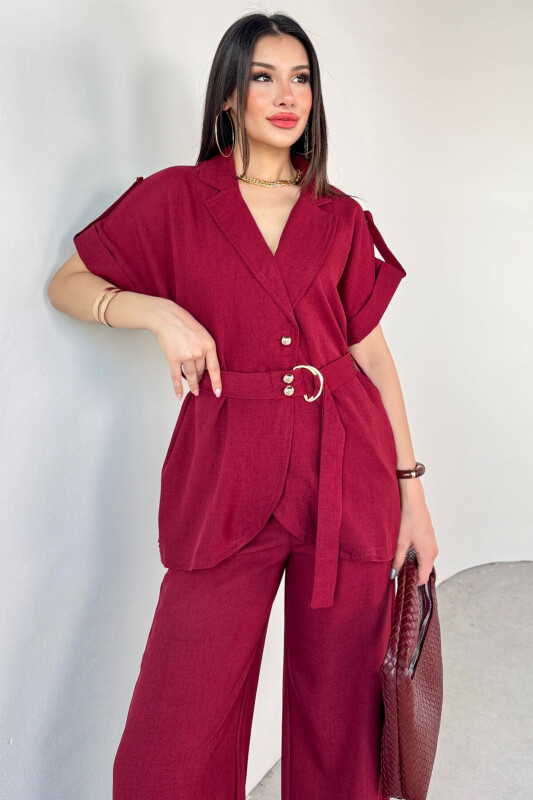 TKM-13293 Bordo Klapa Yaka Kol Düğme Detaylı Gömlek Ceket & Salaş Pantolon İkili Takım - 2