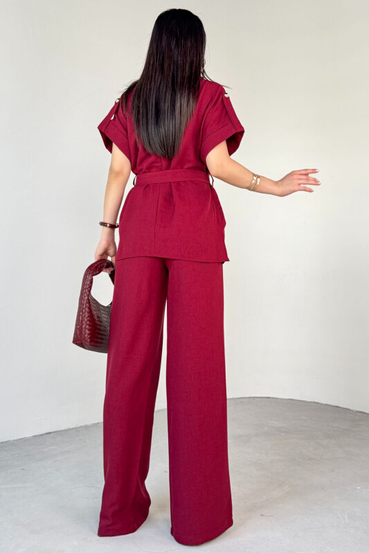 TKM-13293 Bordo Klapa Yaka Kol Düğme Detaylı Gömlek Ceket & Salaş Pantolon İkili Takım - 4