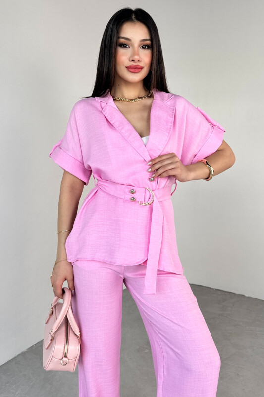 TKM-13293 Pembe Klapa Yaka Kol Düğme Detaylı Gömlek Ceket & Salaş Pantolon İkili Takım - 2