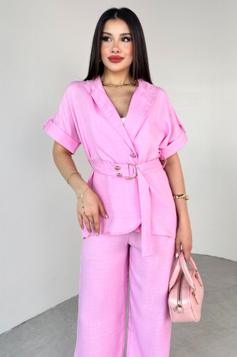 TKM-13293 Pembe Klapa Yaka Kol Düğme Detaylı Gömlek Ceket & Salaş Pantolon İkili Takım - 6