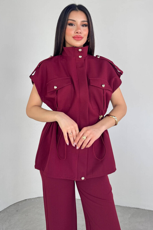 TKM-13294 Bordo Fermuarlı Stand Yaka Cepli Üst & Salaş Pantolon İkili Takım - 2