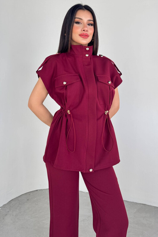 TKM-13294 Bordo Fermuarlı Stand Yaka Cepli Üst & Salaş Pantolon İkili Takım - 9