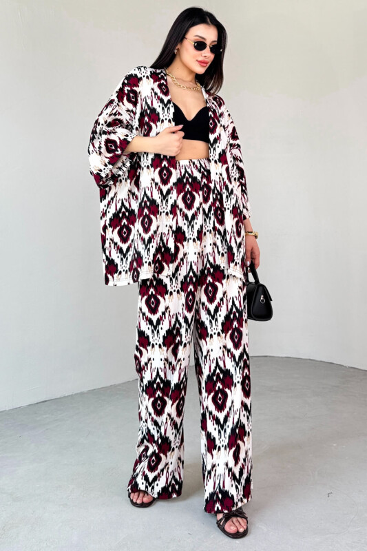 TKM-13296 Bordo Etnik Desenli Kimono & Pantolon İkili Takım - 1
