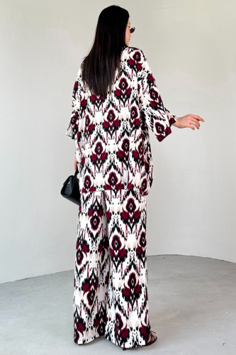TKM-13296 Bordo Etnik Desenli Kimono & Pantolon İkili Takım - 4