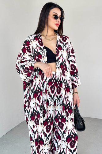 TKM-13296 Bordo Etnik Desenli Kimono & Pantolon İkili Takım - 2