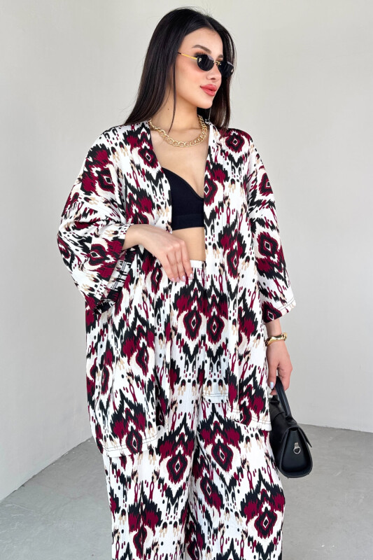 TKM-13296 Bordo Etnik Desenli Kimono & Pantolon İkili Takım - 2