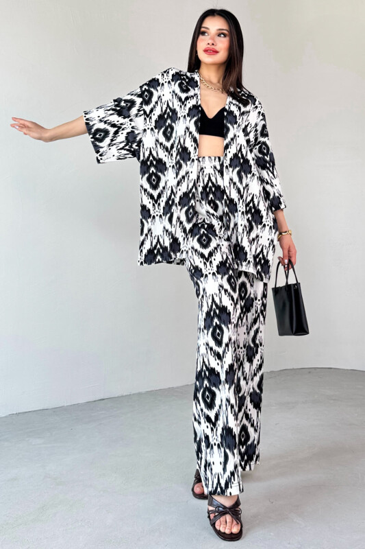 TKM-13296 Siyah Etnik Desenli Kimono & Pantolon İkili Takım - 1