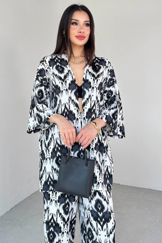 TKM-13296 Siyah Etnik Desenli Kimono & Pantolon İkili Takım - 2