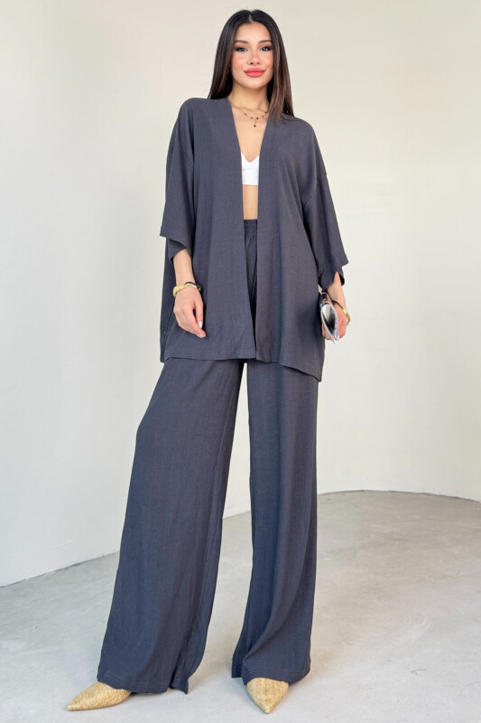 TKM-13297 Antrasit Modern Kesim Kimono & Salaş Pantolon Yazlık İkili Takım - 4