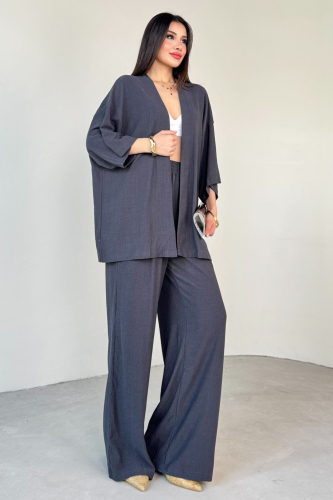 TKM-13297 Antrasit Modern Kesim Kimono & Salaş Pantolon Yazlık İkili Takım - 5