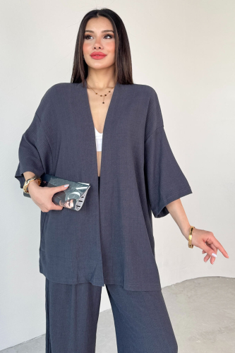 TKM-13297 Antrasit Modern Kesim Kimono & Salaş Pantolon Yazlık İkili Takım - 2