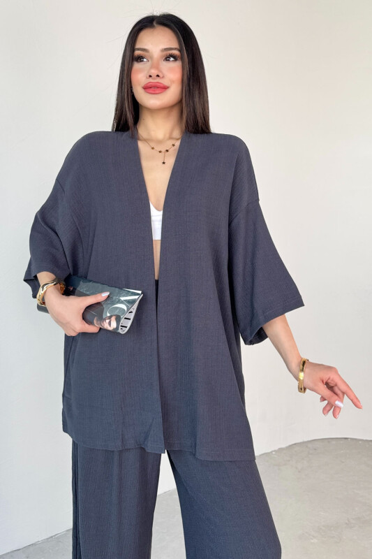 TKM-13297 Antrasit Modern Kesim Kimono & Salaş Pantolon Yazlık İkili Takım - 2
