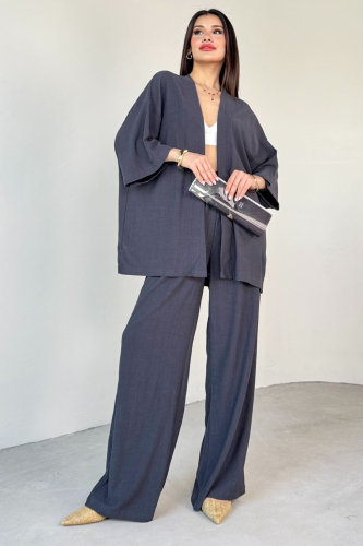 TKM-13297 Antrasit Modern Kesim Kimono & Salaş Pantolon Yazlık İkili Takım - 6