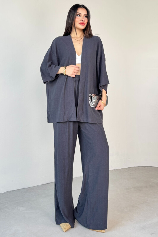 TKM-13297 Antrasit Modern Kesim Kimono & Salaş Pantolon Yazlık İkili Takım - 1