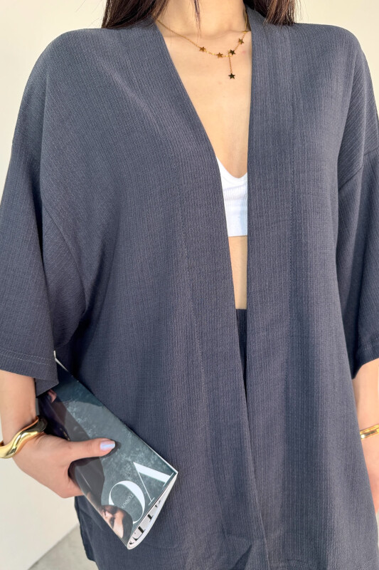 TKM-13297 Antrasit Modern Kesim Kimono & Salaş Pantolon Yazlık İkili Takım - 7