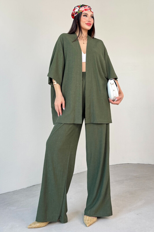TKM-13297 Haki Modern Kesim Kimono & Salaş Pantolon Yazlık İkili Takım - 3