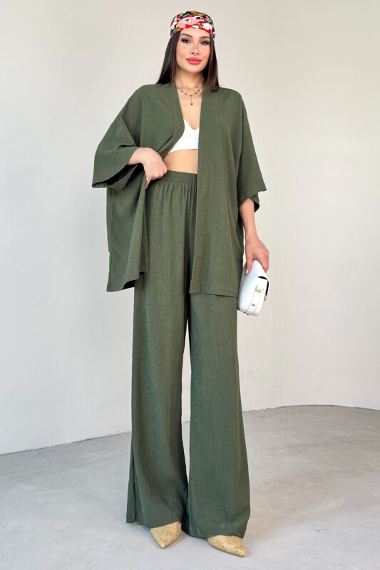 TKM-13297 Haki Modern Kesim Kimono & Salaş Pantolon Yazlık İkili Takım - 6