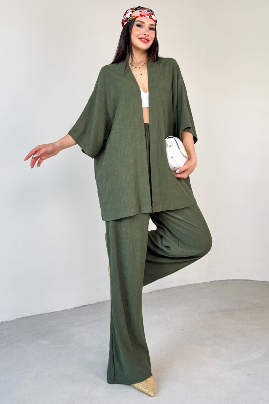 TKM-13297 Haki Modern Kesim Kimono & Salaş Pantolon Yazlık İkili Takım - 1