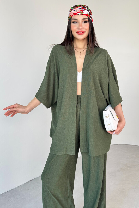 TKM-13297 Haki Modern Kesim Kimono & Salaş Pantolon Yazlık İkili Takım - 2
