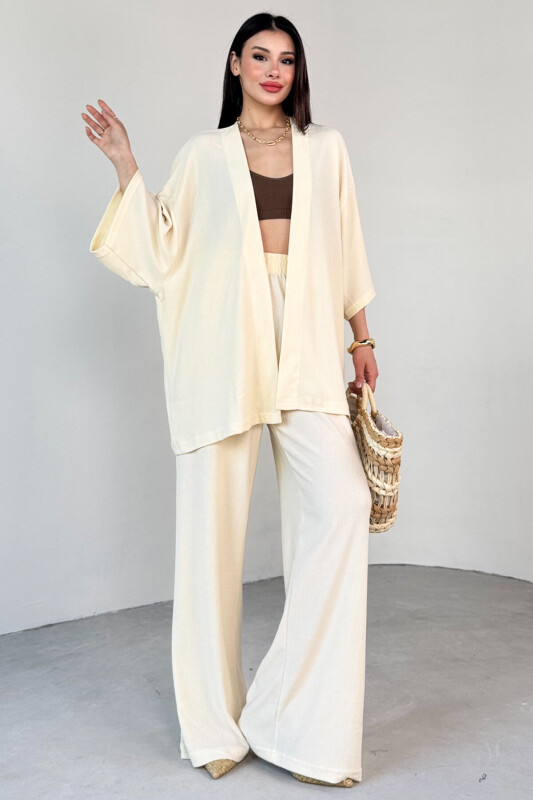TKM-13297 Krem Modern Kesim Kimono & Salaş Pantolon Yazlık İkili Takım - 1
