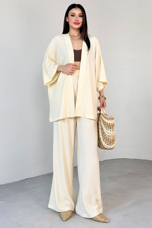 TKM-13297 Krem Modern Kesim Kimono & Salaş Pantolon Yazlık İkili Takım - 3