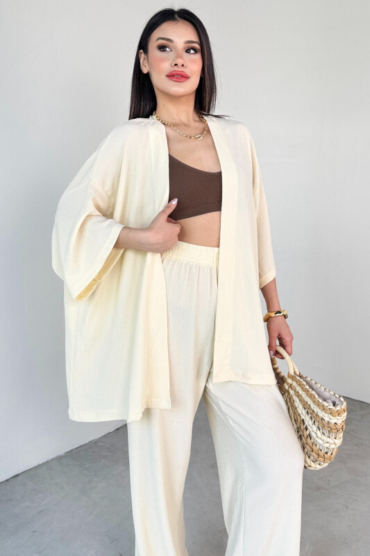 TKM-13297 Krem Modern Kesim Kimono & Salaş Pantolon Yazlık İkili Takım - 2