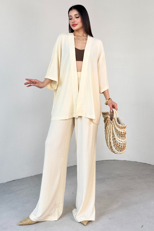 TKM-13297 Krem Modern Kesim Kimono & Salaş Pantolon Yazlık İkili Takım - 4