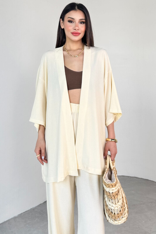 TKM-13297 Krem Modern Kesim Kimono & Salaş Pantolon Yazlık İkili Takım - 5
