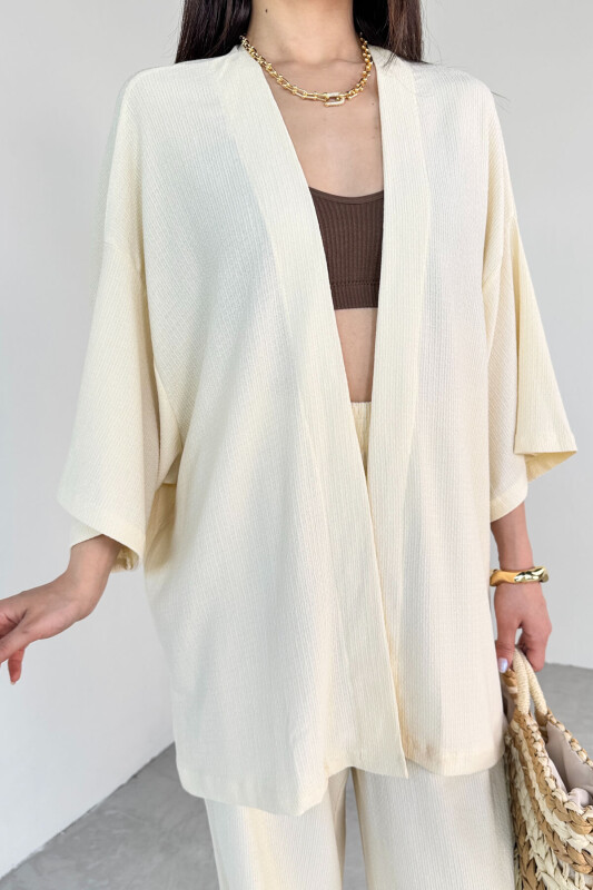TKM-13297 Krem Modern Kesim Kimono & Salaş Pantolon Yazlık İkili Takım - 6