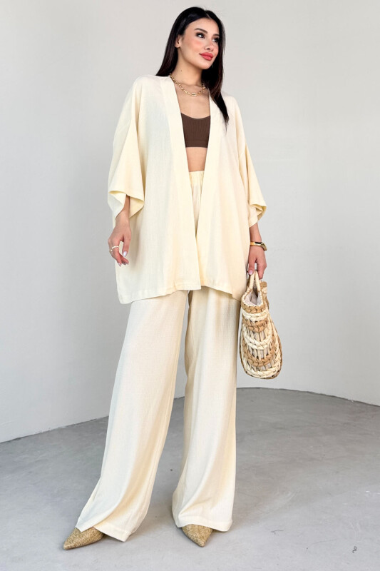 TKM-13297 Krem Modern Kesim Kimono & Salaş Pantolon Yazlık İkili Takım - 7
