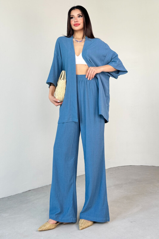 TKM-13297 Mavi Modern Kesim Kimono & Salaş Pantolon Yazlık İkili Takım - 4