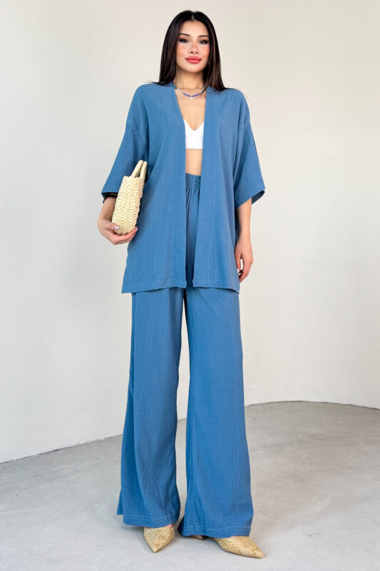 TKM-13297 Mavi Modern Kesim Kimono & Salaş Pantolon Yazlık İkili Takım - 5