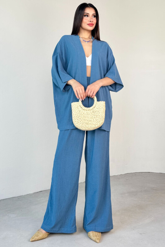 TKM-13297 Mavi Modern Kesim Kimono & Salaş Pantolon Yazlık İkili Takım - 1