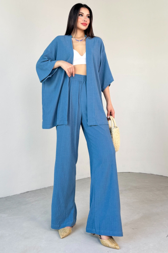 TKM-13297 Mavi Modern Kesim Kimono & Salaş Pantolon Yazlık İkili Takım - 6