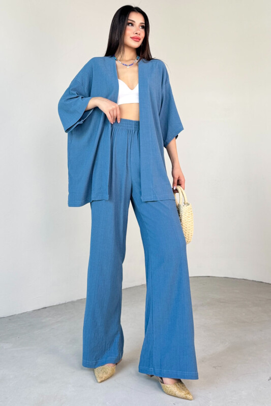 TKM-13297 Mavi Modern Kesim Kimono & Salaş Pantolon Yazlık İkili Takım - 6