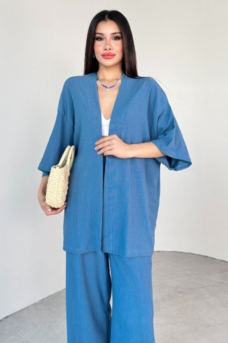 TKM-13297 Mavi Modern Kesim Kimono & Salaş Pantolon Yazlık İkili Takım - 2