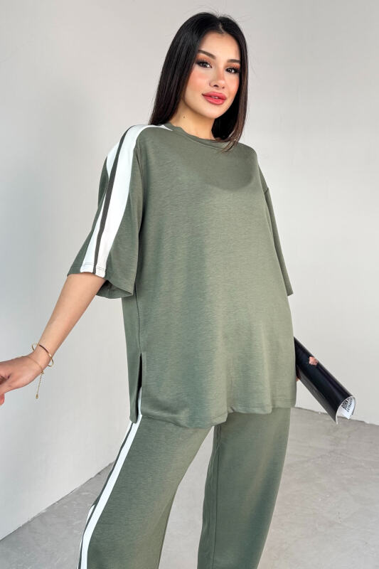 TKM-13298 Haki Modal Kumaş Renk Bloklu Oversize Üst & Salaş Pantolon İkili Takım - 2