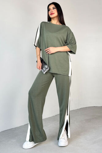 TKM-13298 Haki Modal Kumaş Renk Bloklu Oversize Üst & Salaş Pantolon İkili Takım 