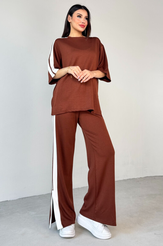 TKM-13298 Taba Modal Kumaş Renk Bloklu Oversize Üst & Salaş Pantolon İkili Takım - 4