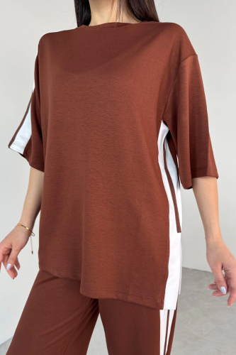 TKM-13298 Taba Modal Kumaş Renk Bloklu Oversize Üst & Salaş Pantolon İkili Takım - 8