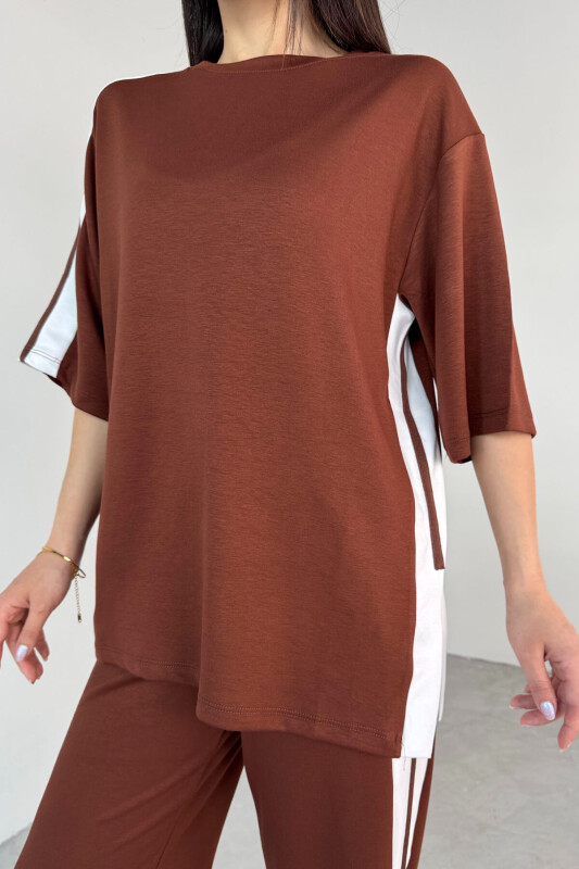 TKM-13298 Taba Modal Kumaş Renk Bloklu Oversize Üst & Salaş Pantolon İkili Takım - 8