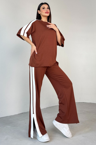 TKM-13298 Taba Modal Kumaş Renk Bloklu Oversize Üst & Salaş Pantolon İkili Takım 