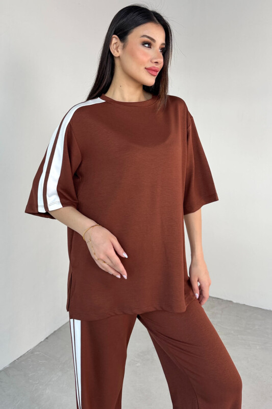 TKM-13298 Taba Modal Kumaş Renk Bloklu Oversize Üst & Salaş Pantolon İkili Takım - 2