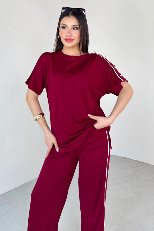 TKM-13300 Bordo Omuz Düğmeli Oversize Tişört & Salaş Pantolon Şeritli İkili Takım - 2