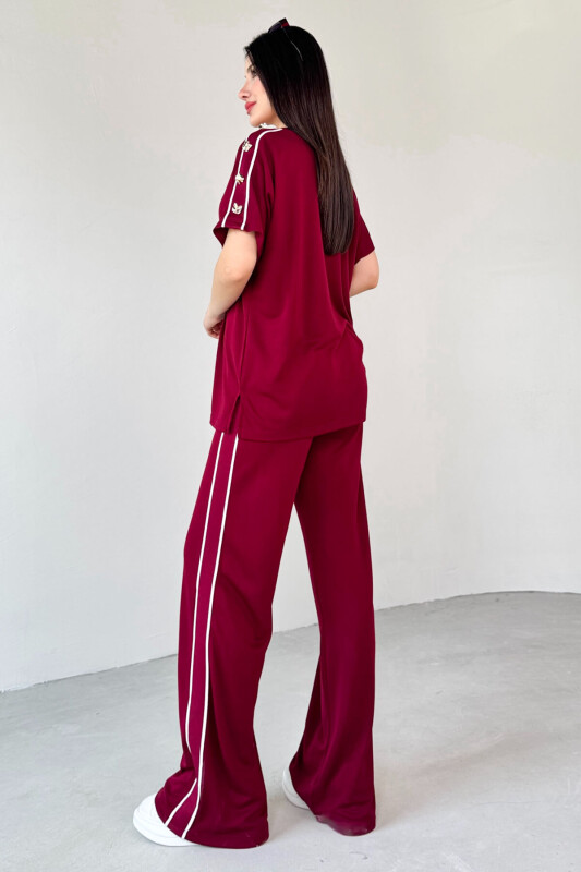 TKM-13300 Bordo Omuz Düğmeli Oversize Tişört & Salaş Pantolon Şeritli İkili Takım - 3