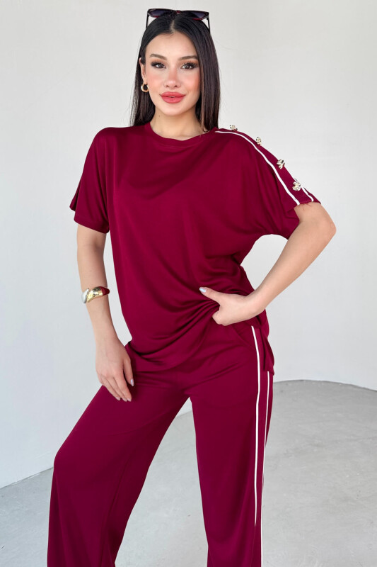 TKM-13300 Bordo Omuz Düğmeli Oversize Tişört & Salaş Pantolon Şeritli İkili Takım - 4