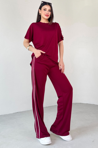 TKM-13300 Bordo Omuz Düğmeli Oversize Tişört & Salaş Pantolon Şeritli İkili Takım 