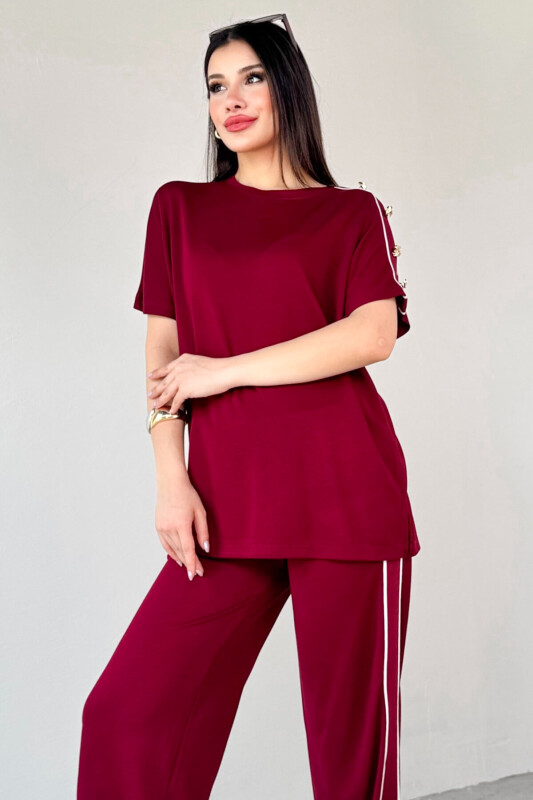 TKM-13300 Bordo Omuz Düğmeli Oversize Tişört & Salaş Pantolon Şeritli İkili Takım - 6