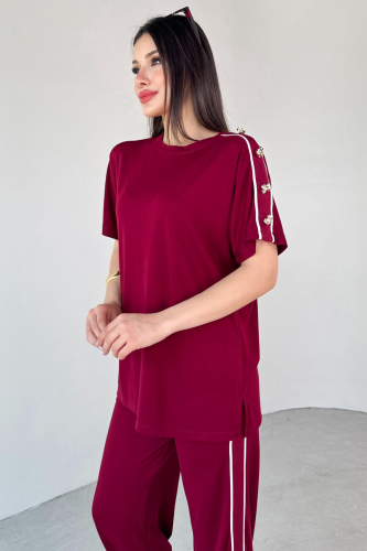 TKM-13300 Bordo Omuz Düğmeli Oversize Tişört & Salaş Pantolon Şeritli İkili Takım - 8
